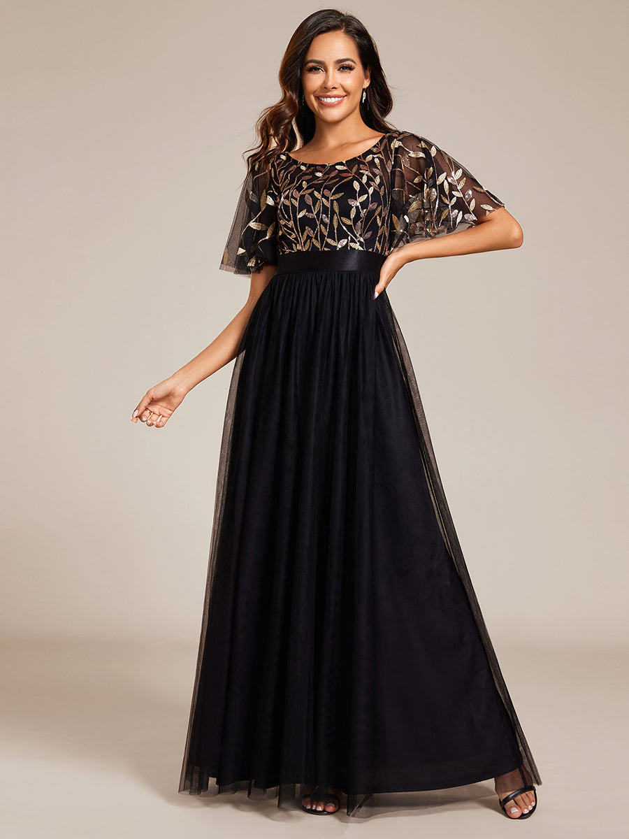 Color=Black Gold | Factory Design Short Sleeve Ruffle Sequin A-Line Floor Length Evening Dresses-Black Gold 3