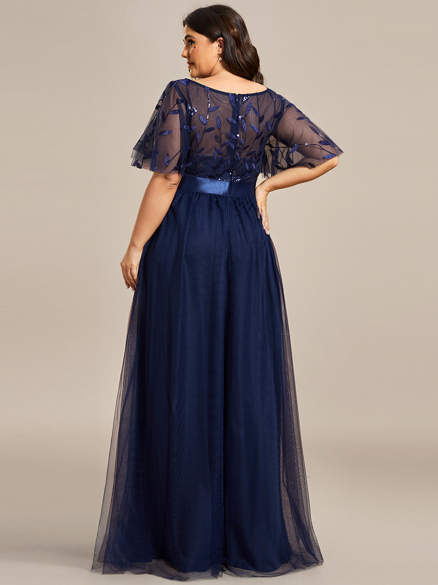 Color=Navy Blue | Factory Design Short Sleeve Ruffle Sequin A-Line Floor Length Evening Dresses-Navy Blue 12