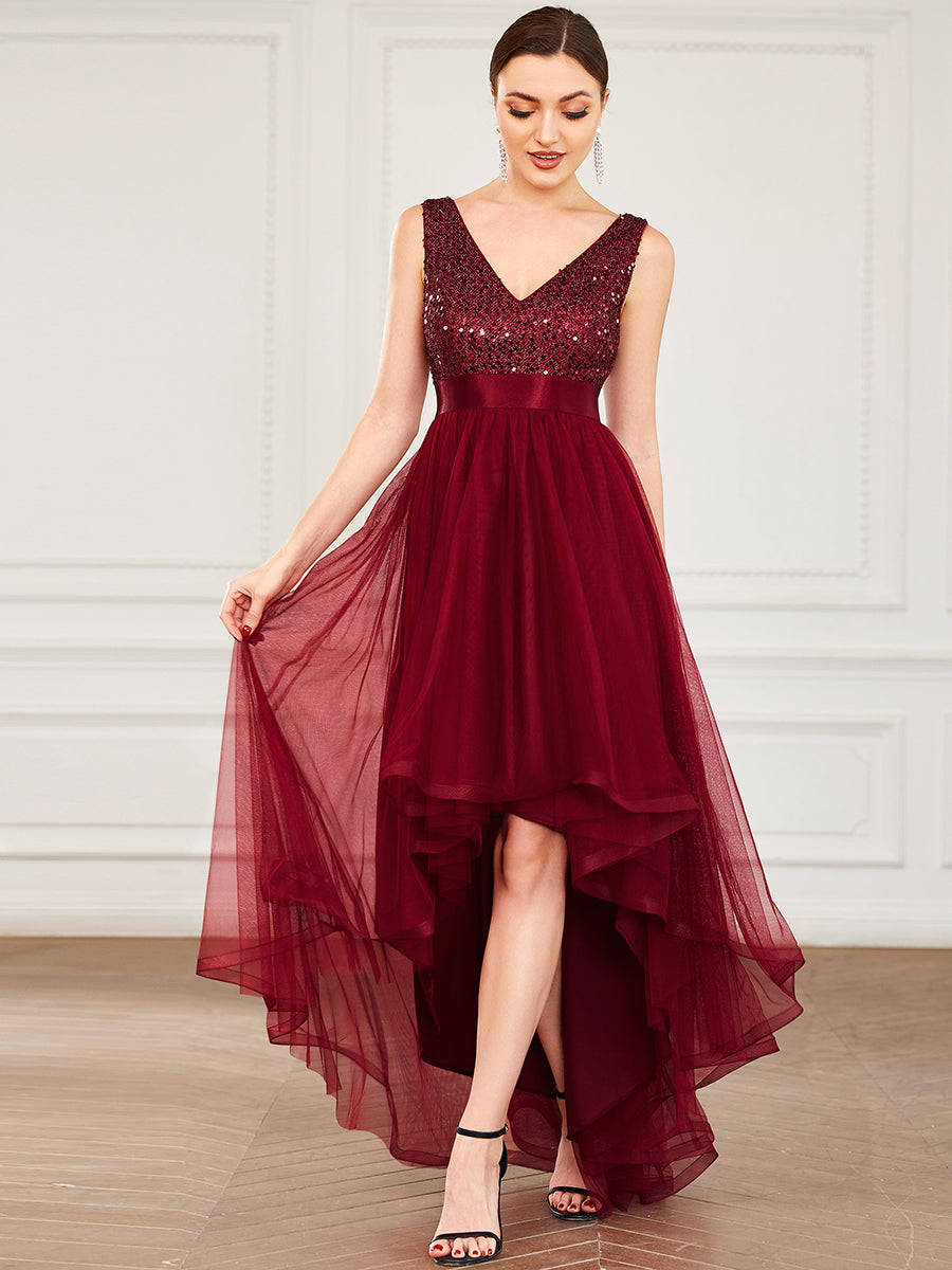 Color=Burgundy | Sparkling Wholesale Evening Dresses with Asymmetrical Hem Deep V Neck-Burgundy 4