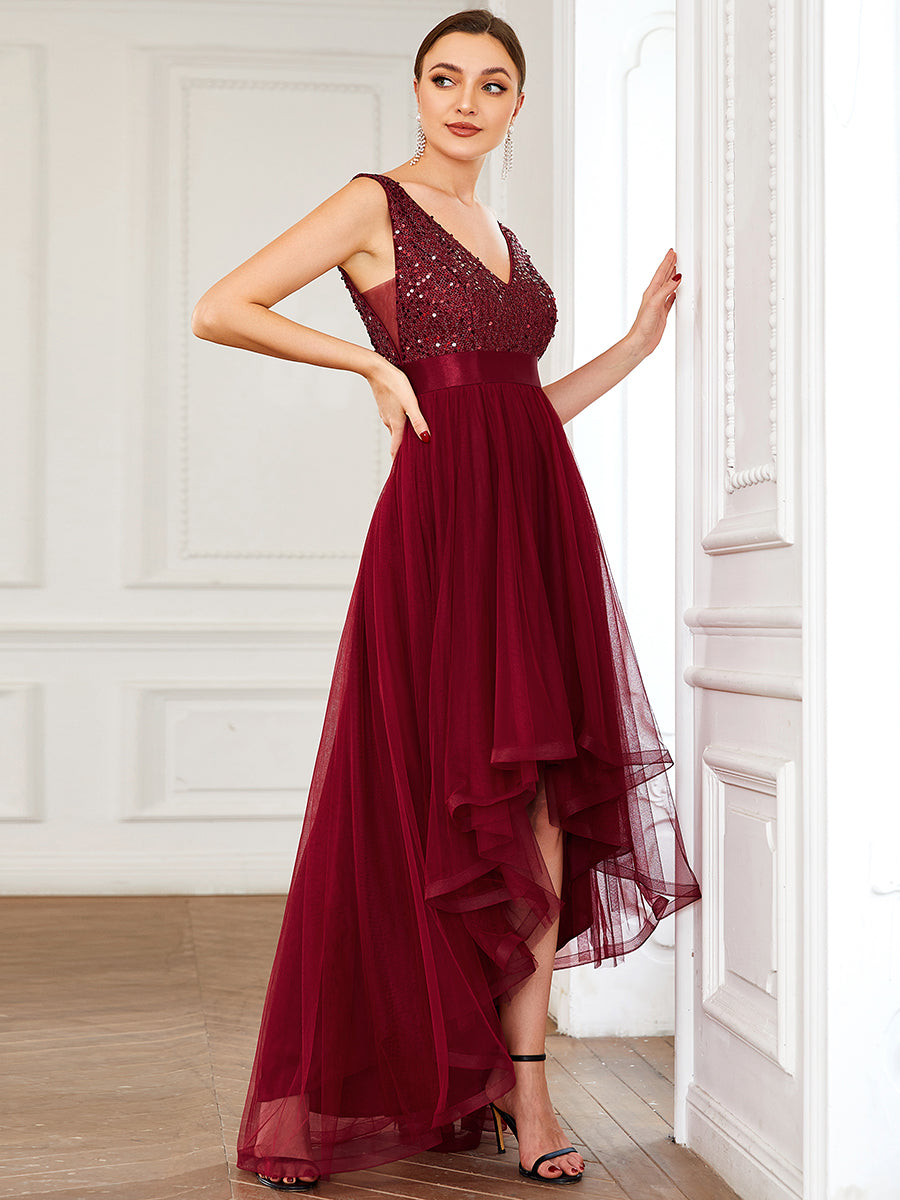 Color=Burgundy | Sparkling Wholesale Evening Dresses with Asymmetrical Hem Deep V Neck-Burgundy 2