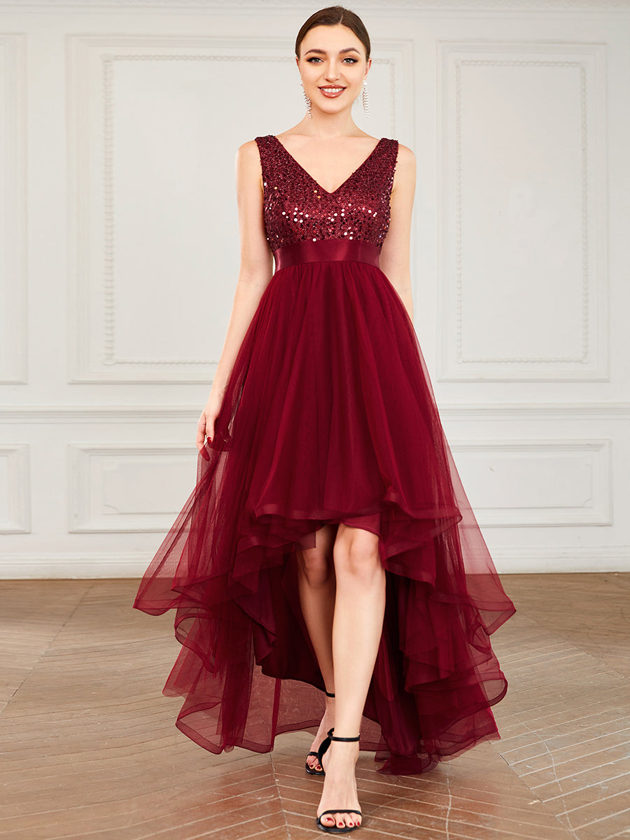 Color=Burgundy | Sparkling Wholesale Evening Dresses with Asymmetrical Hem Deep V Neck-Burgundy 1