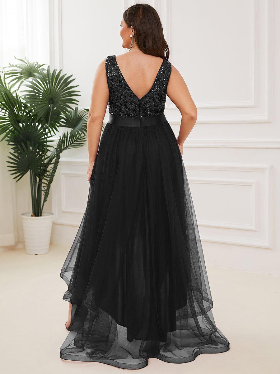 Color=Black | Sparkling Wholesale Evening Dresses with Asymmetrical Hem Deep V Neck-Black 7