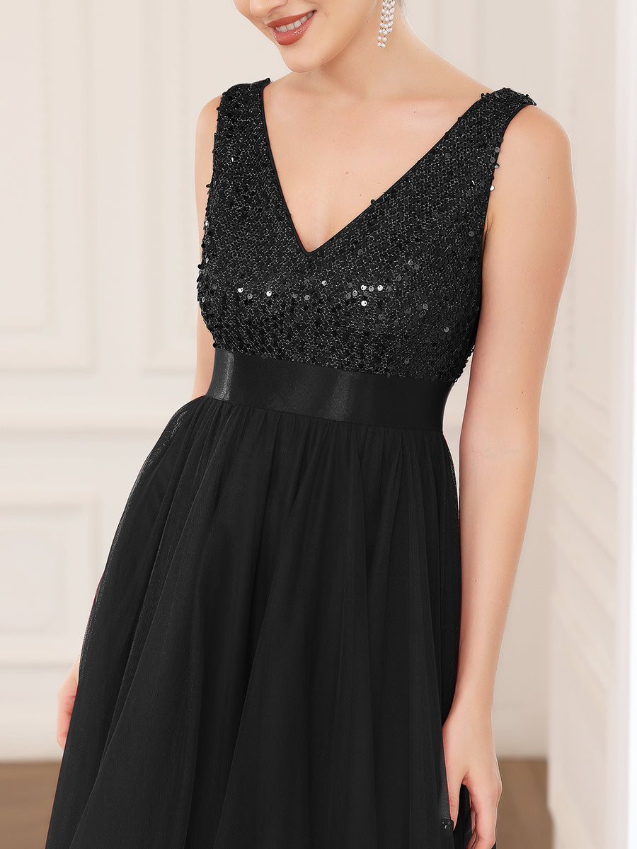 Color=Black | Sparkling Wholesale Evening Dresses with Asymmetrical Hem Deep V Neck-Black 10