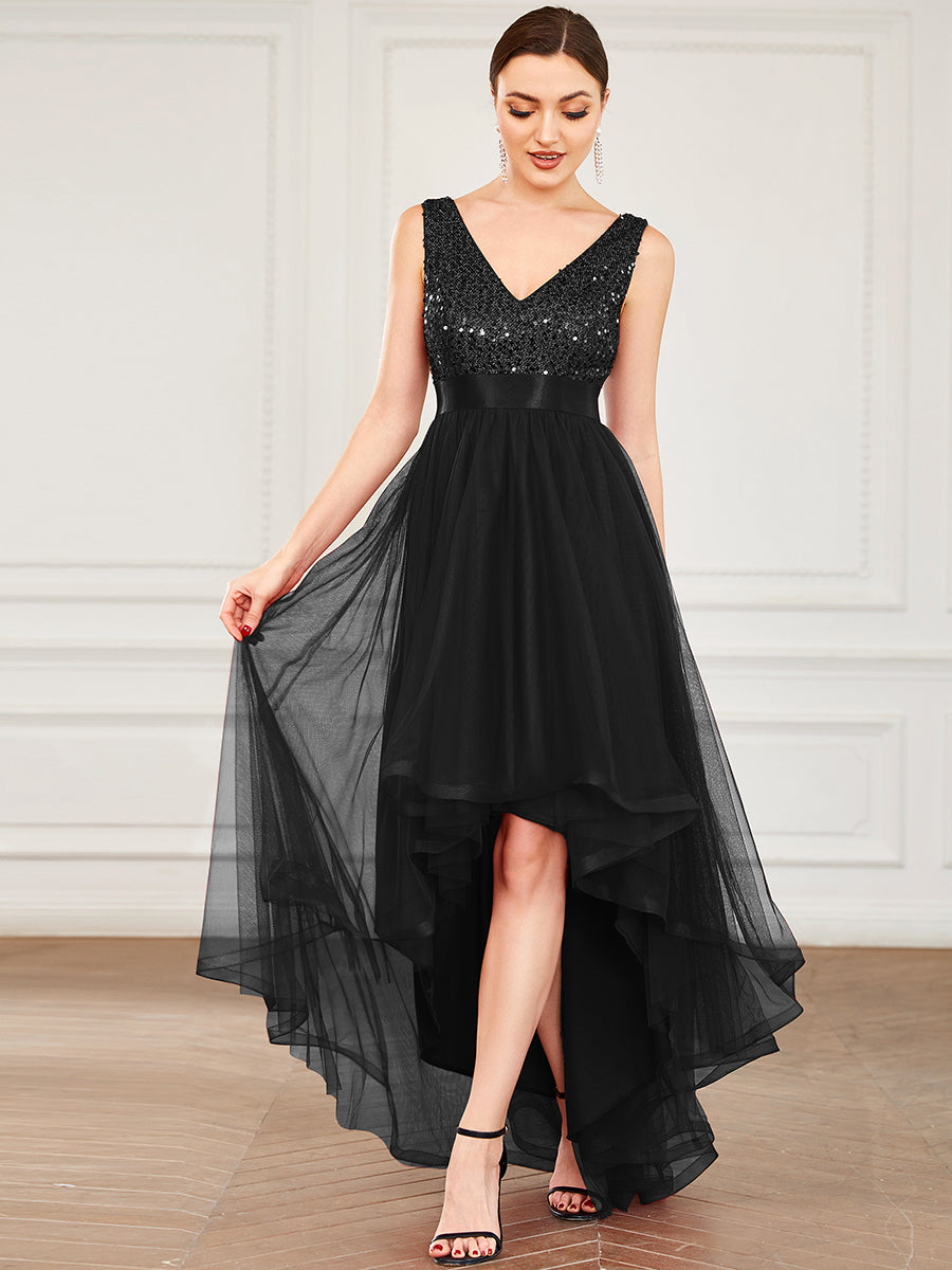 Color=Black | Sparkling Wholesale Evening Dresses with Asymmetrical Hem Deep V Neck-Black 6