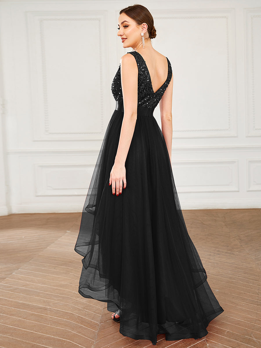 Color=Black | Sparkling Wholesale Evening Dresses with Asymmetrical Hem Deep V Neck-Black 7
