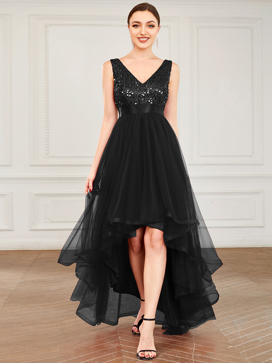 Color=Black | Sparkling Wholesale Evening Dresses with Asymmetrical Hem Deep V Neck-Black 9
