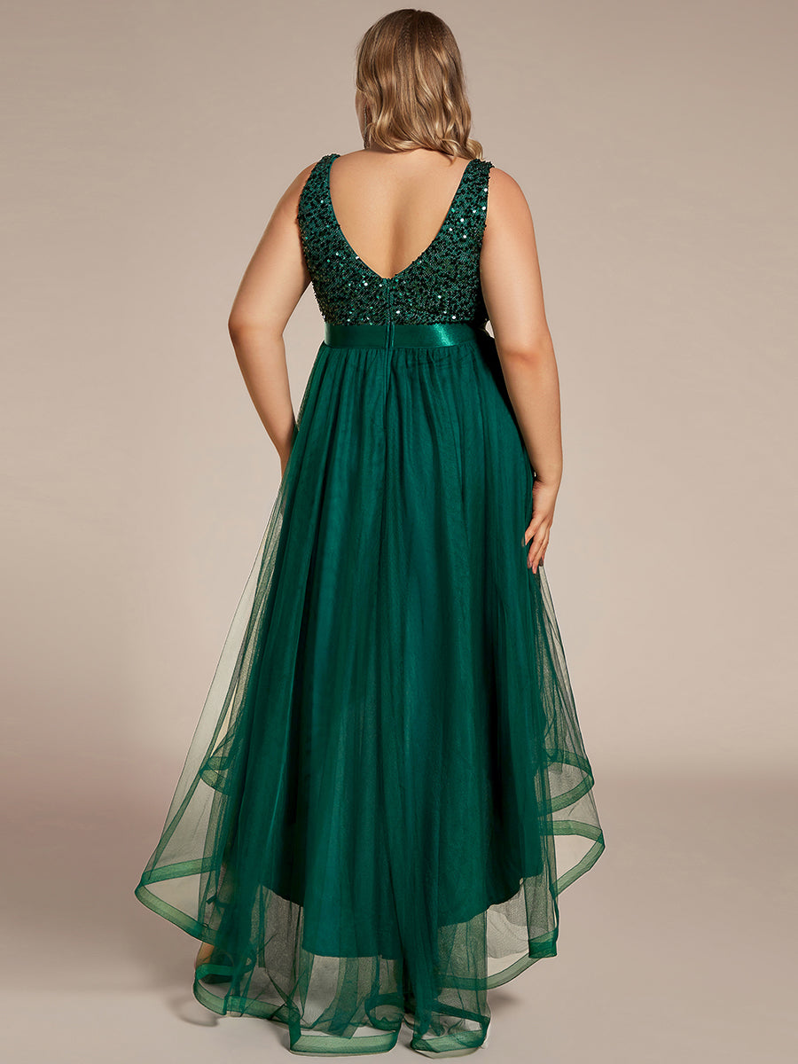Color=Dark Green | Sparkling Wholesale Evening Dresses with Asymmetrical Hem Deep V Neck-Dark Green 17