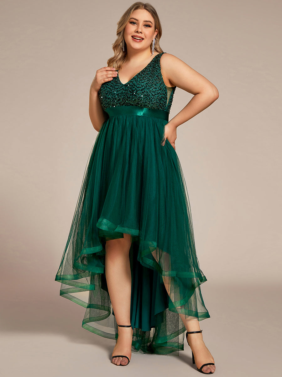 Color=Dark Green | Sparkling Wholesale Evening Dresses with Asymmetrical Hem Deep V Neck-Dark Green 19