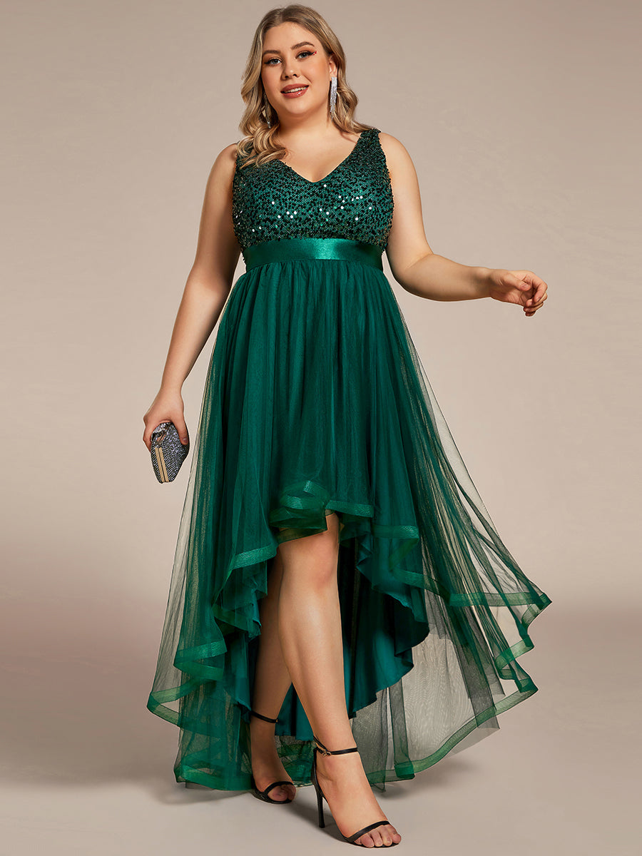 Color=Dark Green | Sparkling Wholesale Evening Dresses with Asymmetrical Hem Deep V Neck-Dark Green 20