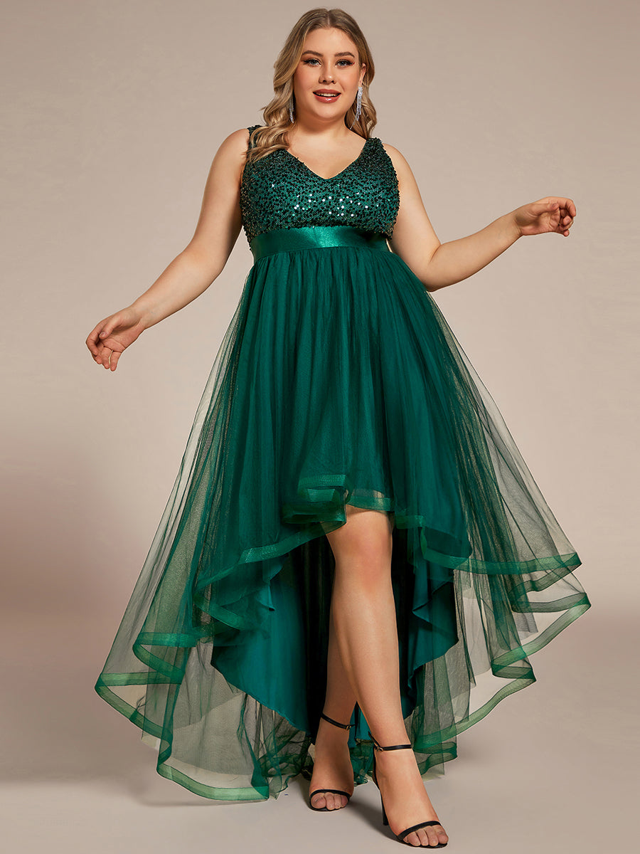 Color=Dark Green | Sparkling Wholesale Evening Dresses with Asymmetrical Hem Deep V Neck-Dark Green 16