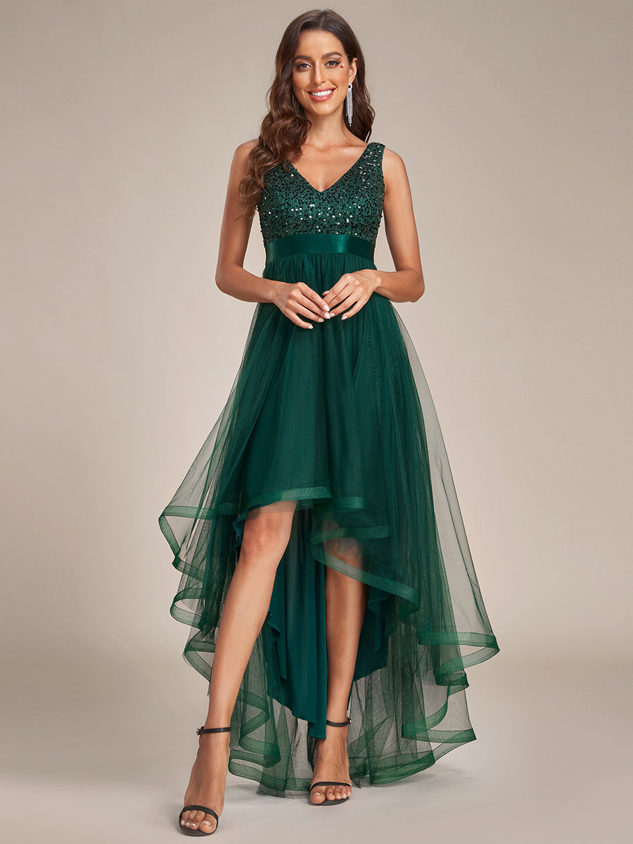 Color=Dark Green | Sparkling Wholesale Evening Dresses with Asymmetrical Hem Deep V Neck-Dark Green 20