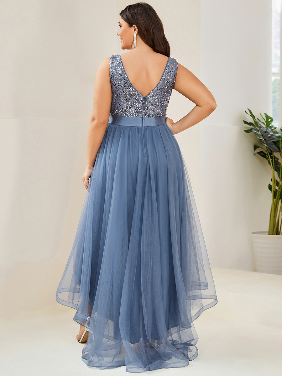 Color=Dusty Blue | Sparkling Wholesale Evening Dresses with Asymmetrical Hem Deep V Neck-Dusty Blue 22