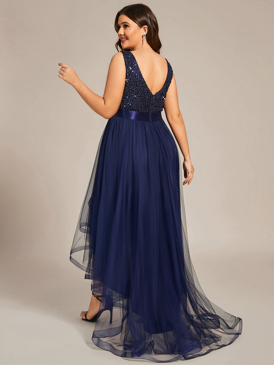 Color=Navy Blue | Sparkling Wholesale Evening Dresses with Asymmetrical Hem Deep V Neck-Navy Blue 32