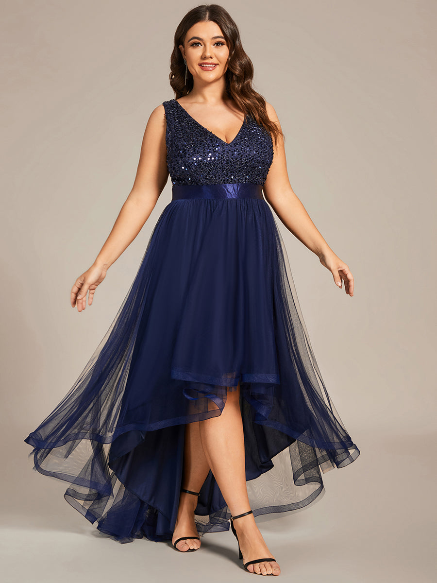 Color=Navy Blue | Sparkling Wholesale Evening Dresses with Asymmetrical Hem Deep V Neck-Navy Blue 34