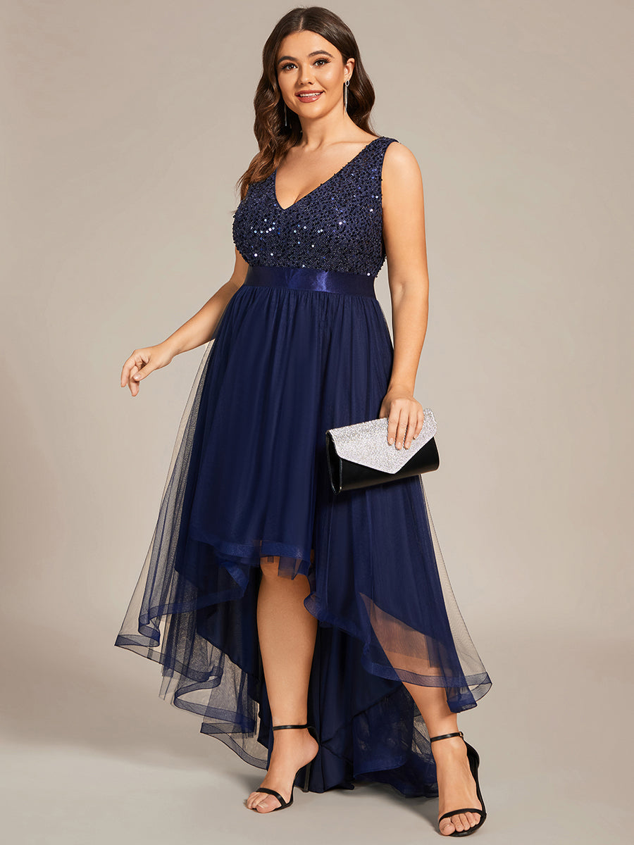 Color=Navy Blue | Sparkling Wholesale Evening Dresses with Asymmetrical Hem Deep V Neck-Navy Blue 35