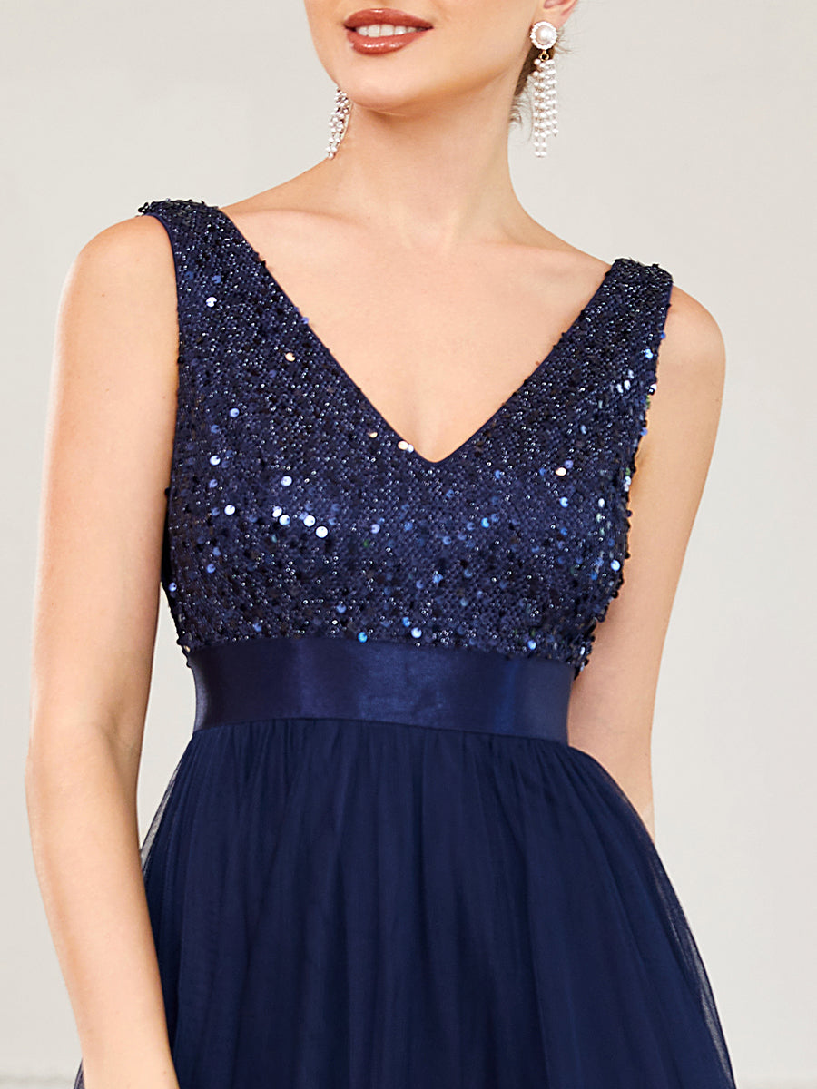Color=Navy Blue | Sparkling Wholesale Evening Dresses with Asymmetrical Hem Deep V Neck-Navy Blue 35