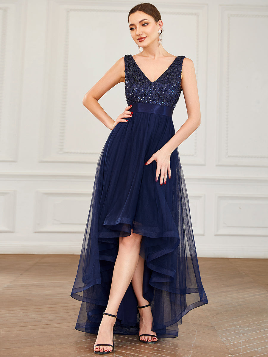 Color=Navy Blue | Sparkling Wholesale Evening Dresses with Asymmetrical Hem Deep V Neck-Navy Blue 31