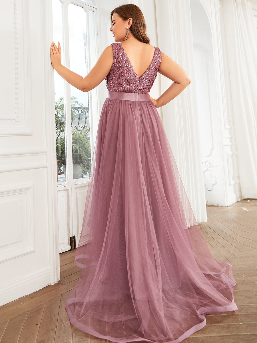 Color=Purple Orchid | Sparkling Wholesale Evening Dresses with Asymmetrical Hem Deep V Neck-Purple Orchid 37