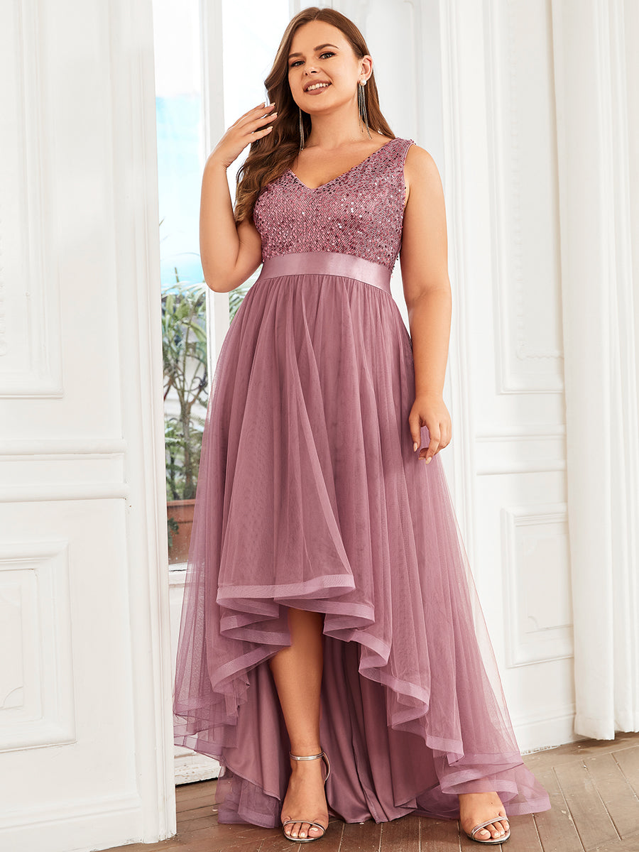 Color=Purple Orchid | Sparkling Wholesale Evening Dresses with Asymmetrical Hem Deep V Neck-Purple Orchid 36
