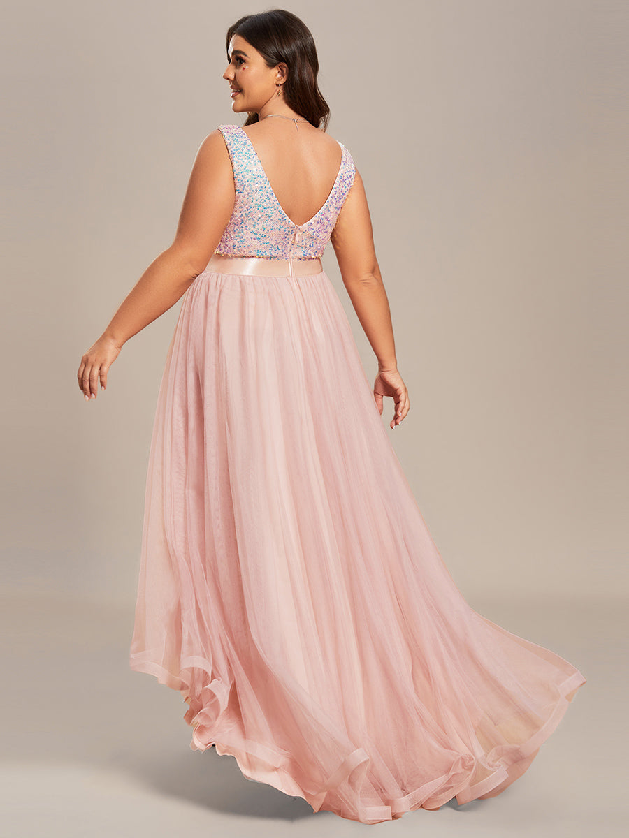 Color=Pink | Sparkling Wholesale Evening Dresses with Asymmetrical Hem Deep V Neck-Pink 42