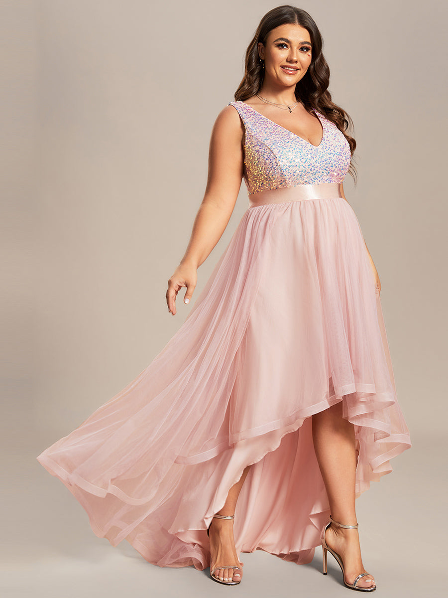 Color=Pink | Sparkling Wholesale Evening Dresses with Asymmetrical Hem Deep V Neck-Pink 44