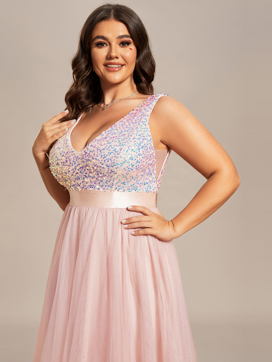 Color=Pink | Sparkling Wholesale Evening Dresses with Asymmetrical Hem Deep V Neck-Pink 43