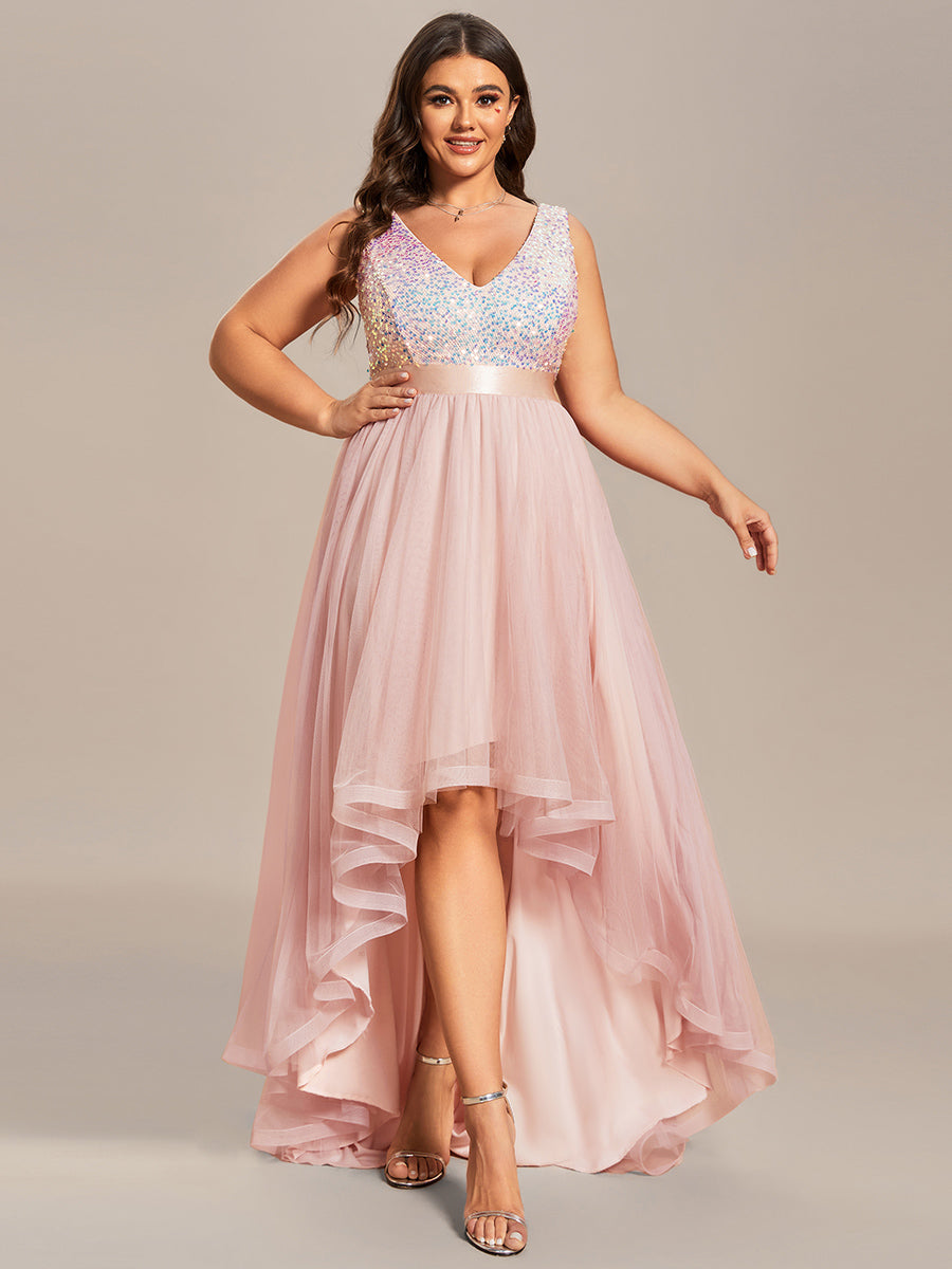 Color=Pink | Sparkling Wholesale Evening Dresses with Asymmetrical Hem Deep V Neck-Pink 41