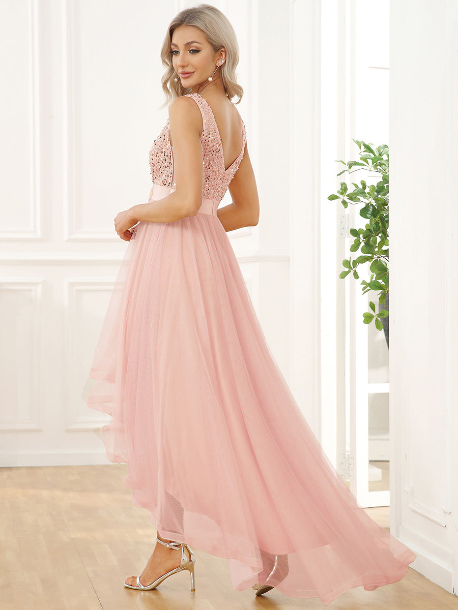 Color=Pink | Sparkling Wholesale Evening Dresses with Asymmetrical Hem Deep V Neck-Pink 42