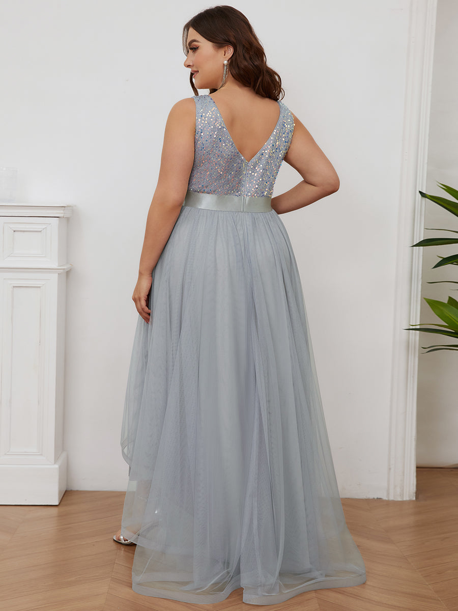 Color=Silver | Sparkling Wholesale Evening Dresses with Asymmetrical Hem Deep V Neck-Silver 47