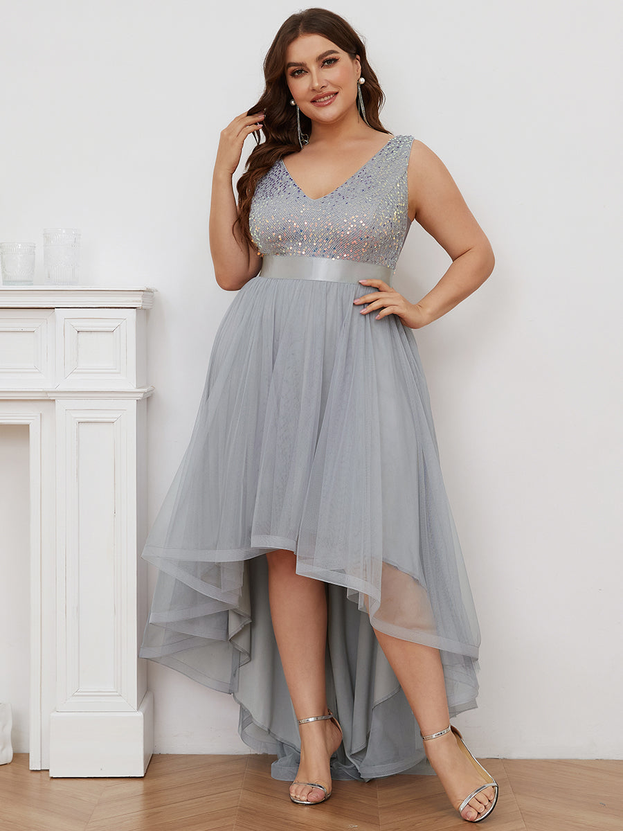 Color=Silver | Sparkling Wholesale Evening Dresses with Asymmetrical Hem Deep V Neck-Silver 48