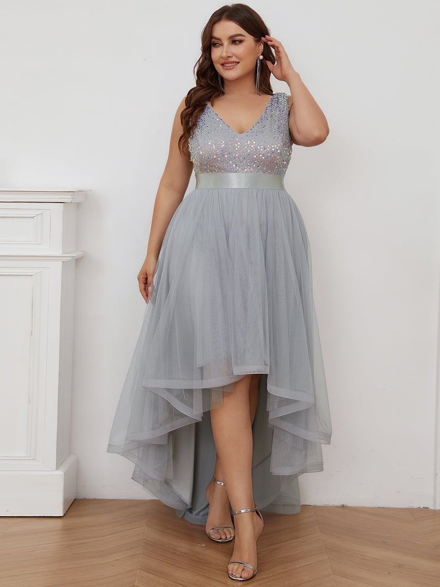 Color=Silver | Sparkling Wholesale Evening Dresses with Asymmetrical Hem Deep V Neck-Silver 49