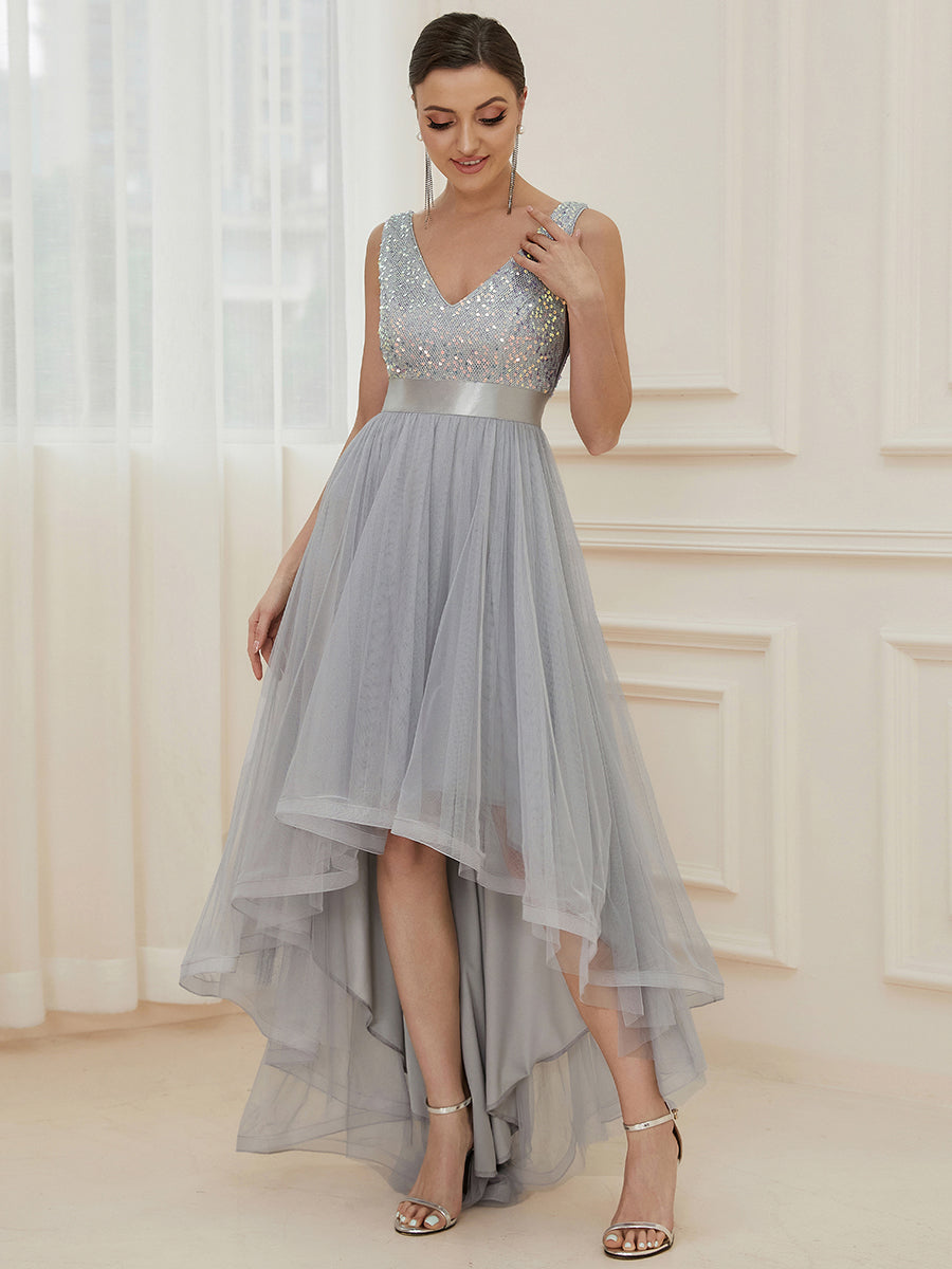 Color=Silver | Sparkling Wholesale Evening Dresses with Asymmetrical Hem Deep V Neck-Silver 46