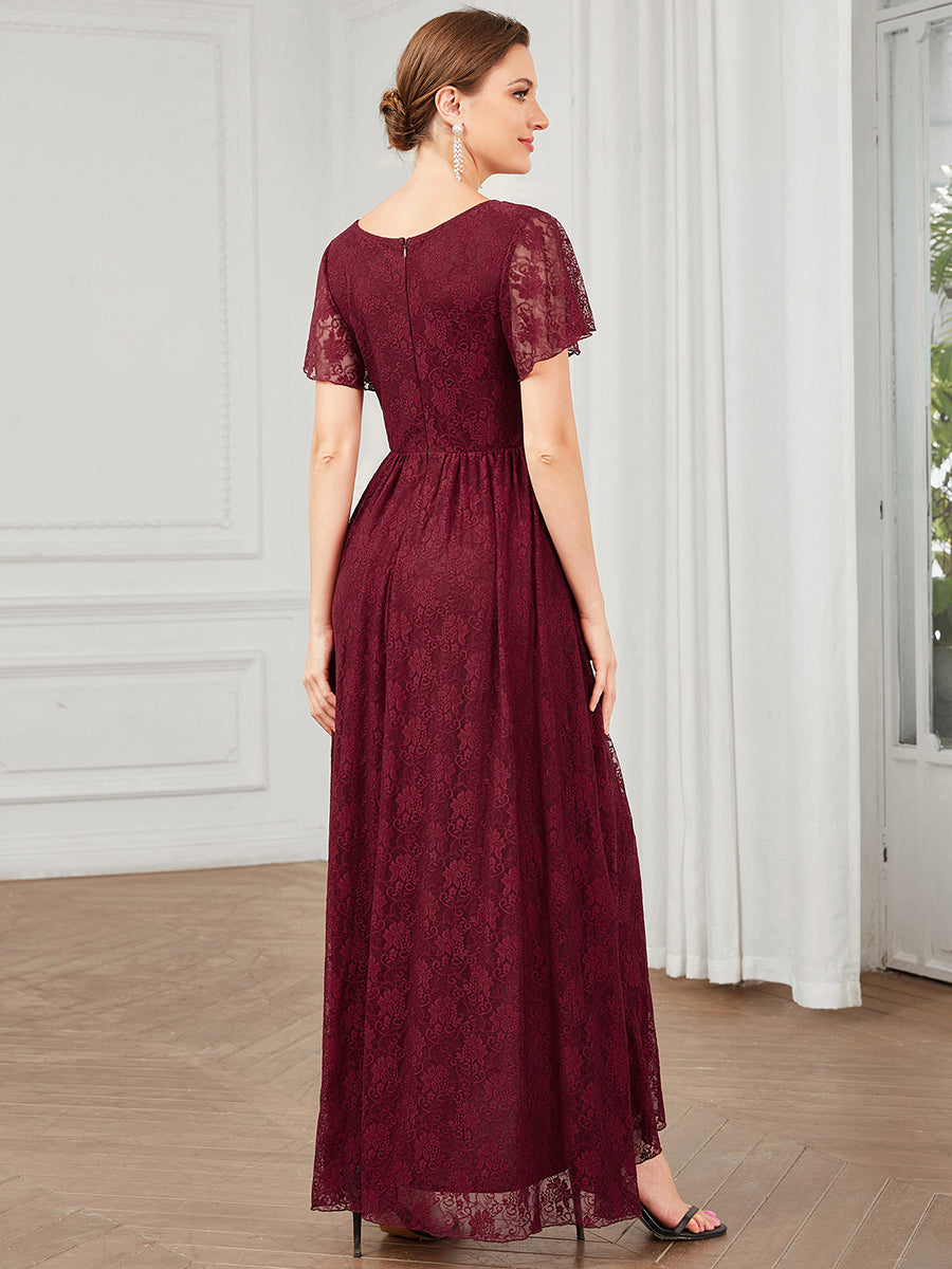 Color=Burgundy | Deep V Neck Short See Through Sleeves A Line Wholesale Evening Dresses-Burgundy 5