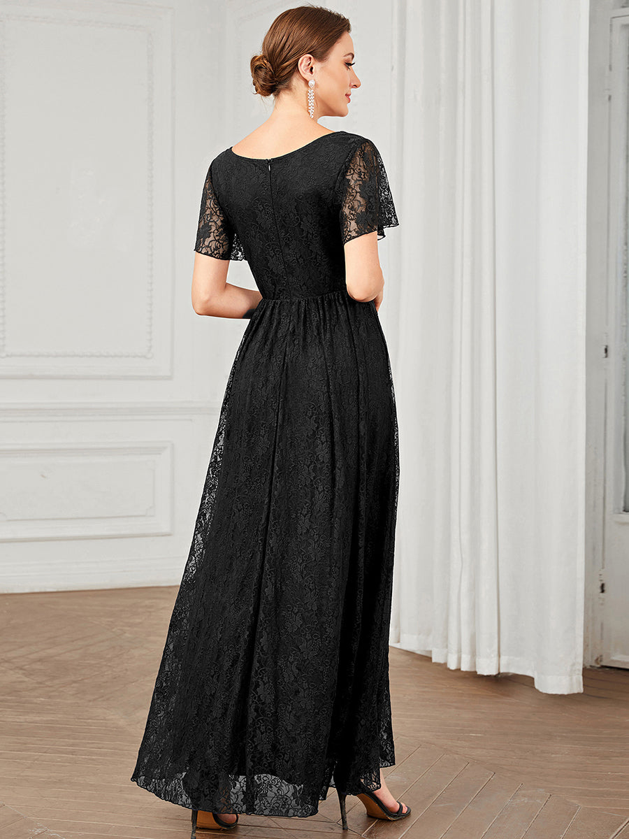Color=Black | Deep V Neck Short See Through Sleeves A Line Wholesale Evening Dresses-Black 2
