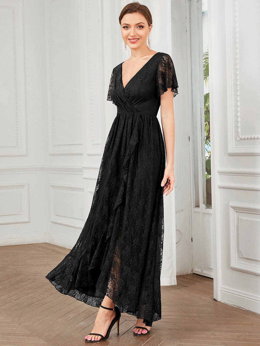 Color=Black | Deep V Neck Short See Through Sleeves A Line Wholesale Evening Dresses-Black 3