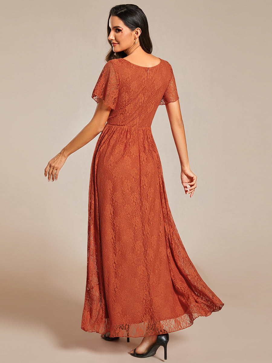 Color=Burnt Orange | Deep V Neck Short See Through Sleeves A Line Wholesale Evening Dresses-Burnt Orange 2