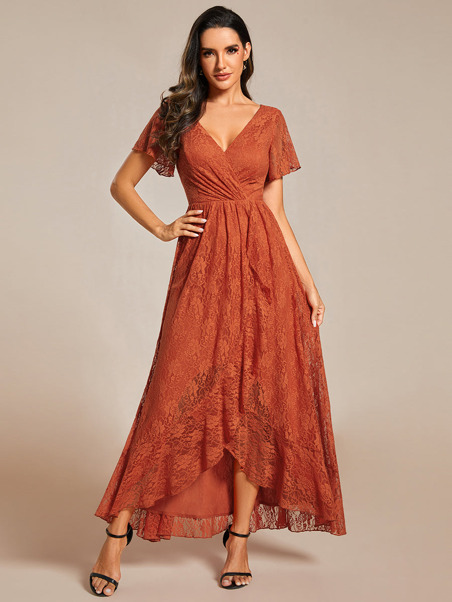 Color=Burnt Orange | Deep V Neck Short See Through Sleeves A Line Wholesale Evening Dresses-Burnt Orange 1