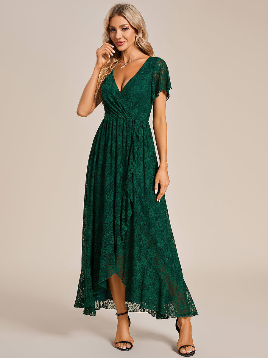 Color=Dark Green | Deep V Neck Short See Through Sleeves A Line Wholesale Evening Dresses-Dark Green 2
