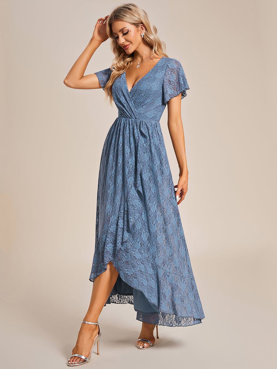 Color=Dusty Blue | Deep V Neck Short See Through Sleeves A Line Wholesale Evening Dresses-Dusty Blue 3