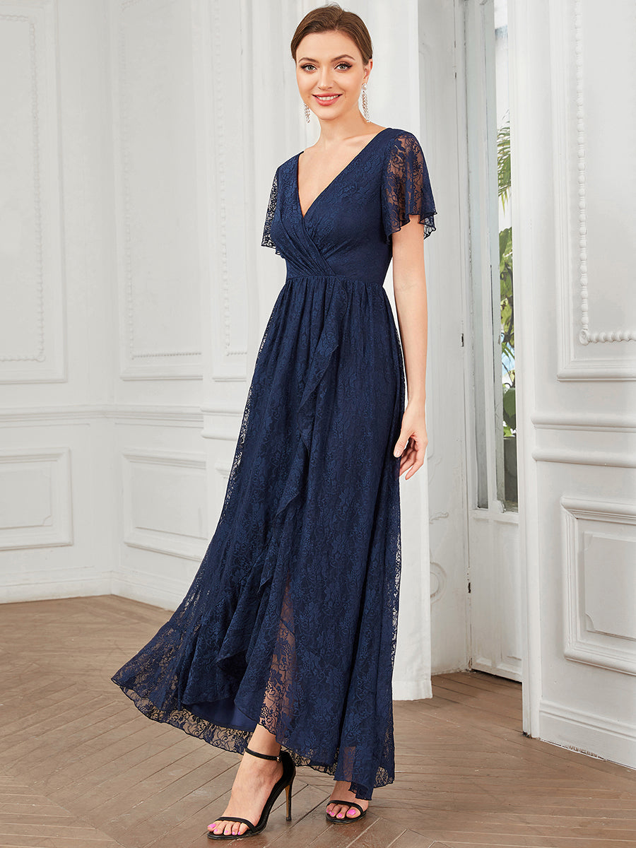 Color=Navy Blue | Deep V Neck Short See Through Sleeves A Line Wholesale Evening Dresses-Navy Blue 3