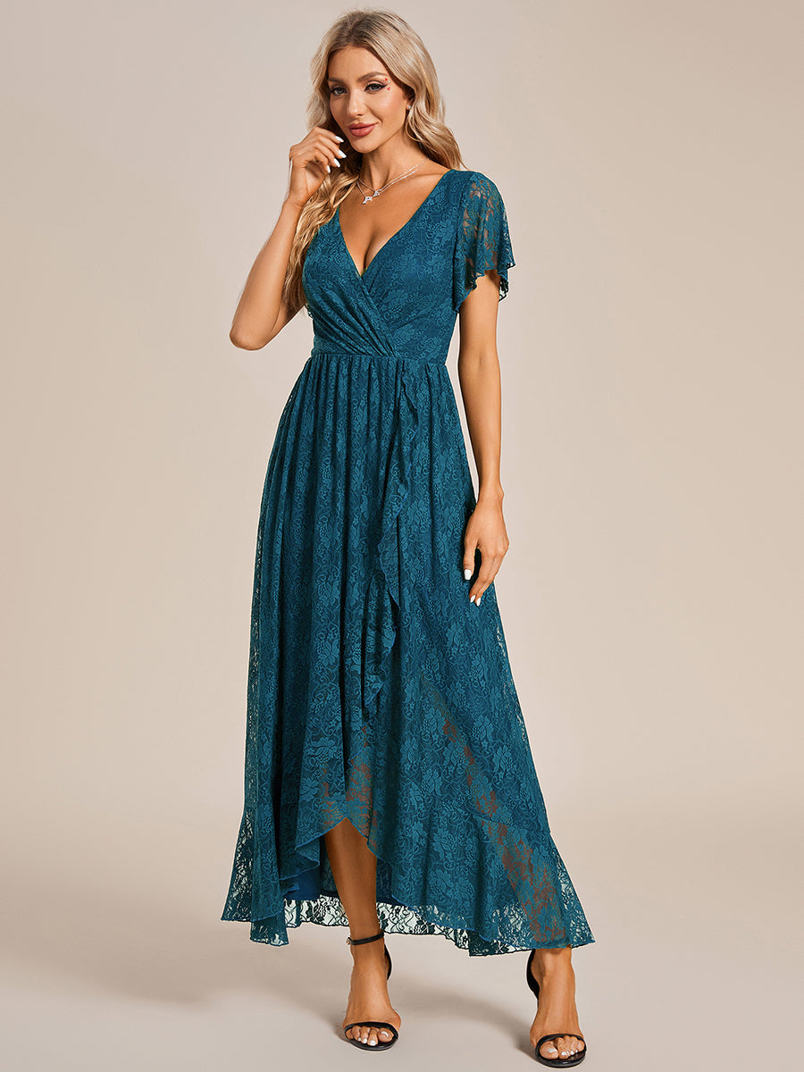 Color=Teal | Deep V Neck Short See Through Sleeves A Line Wholesale Evening Dresses-Teal 1
