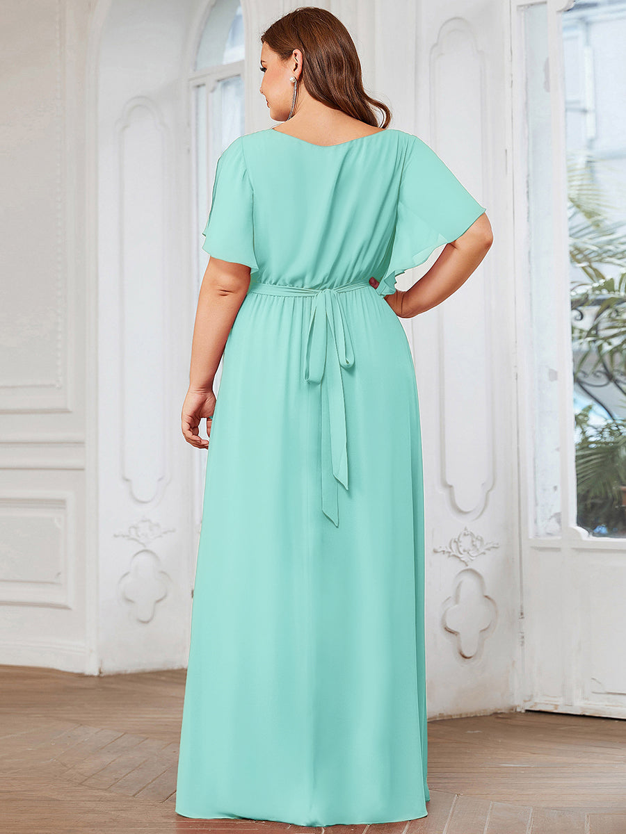 Color=Pastel blue | Bulk Order Short Sleeve Ruffle Deep V-Neck A-Line Floor Length Evening Dresses-Pastel blue 7