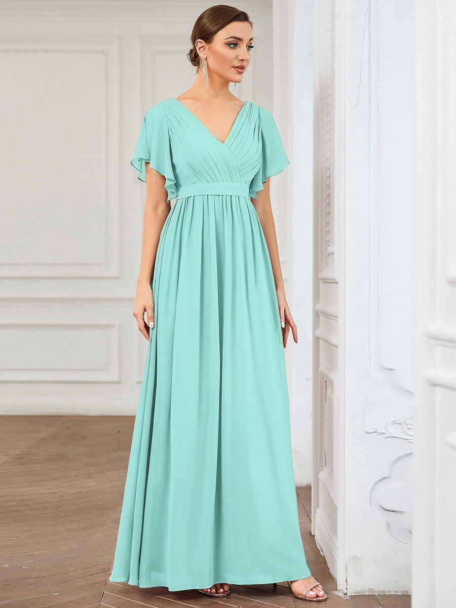 Color=Pastel blue | Bulk Order Short Sleeve Ruffle Deep V-Neck A-Line Floor Length Evening Dresses-Pastel blue 4
