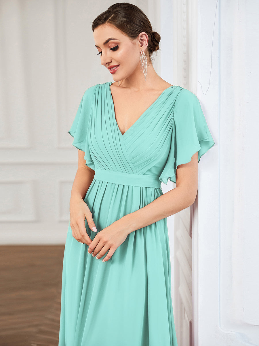 Color=Pastel blue | Bulk Order Short Sleeve Ruffle Deep V-Neck A-Line Floor Length Evening Dresses-Pastel blue 3