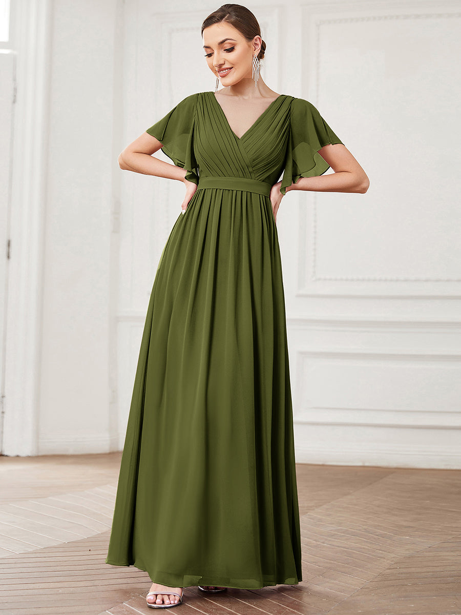 Color=Olive Green | Bulk Order Short Sleeve Ruffle Deep V-Neck A-Line Floor Length Evening Dresses-Olive Green 1