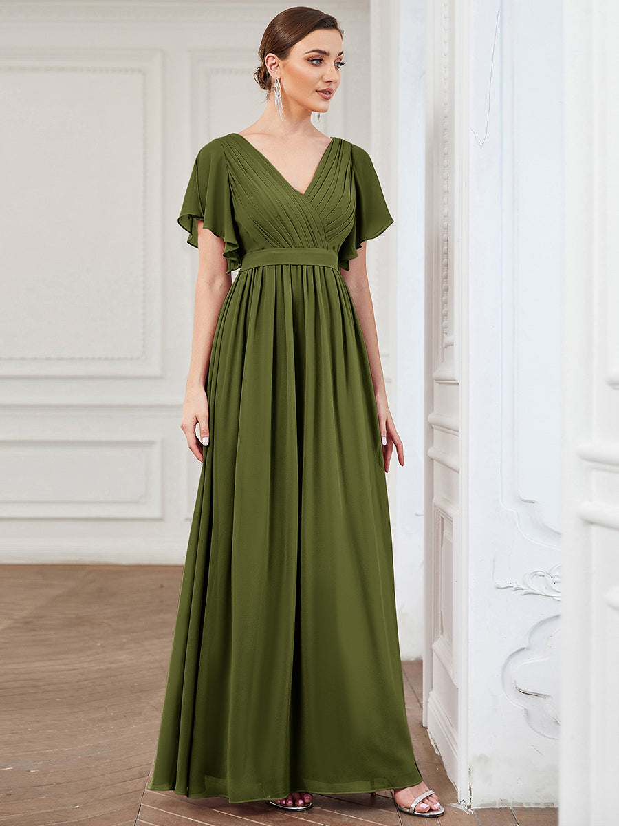 Color=Olive Green | Bulk Order Short Sleeve Ruffle Deep V-Neck A-Line Floor Length Evening Dresses-Olive Green 3