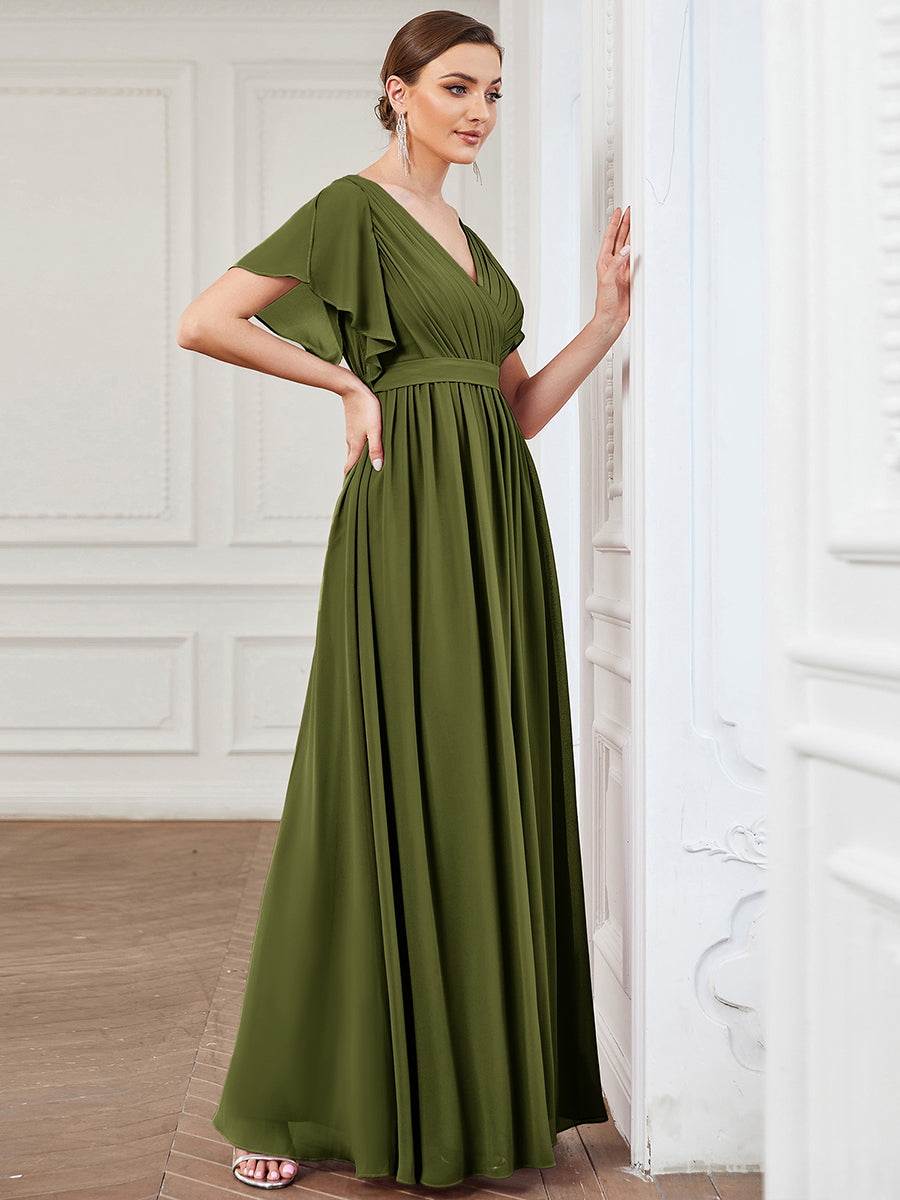 Color=Olive Green | Bulk Order Short Sleeve Ruffle Deep V-Neck A-Line Floor Length Evening Dresses-Olive Green 4