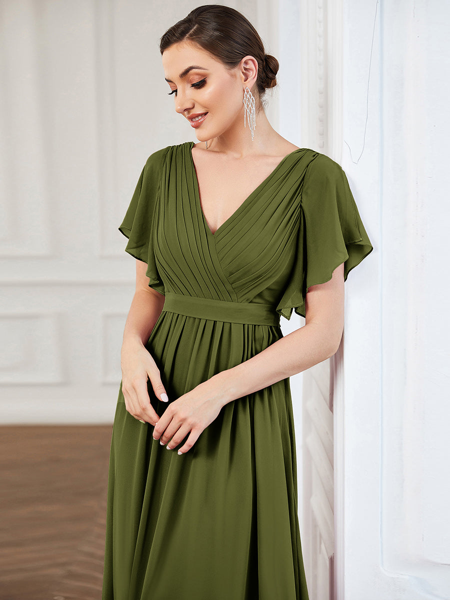 Color=Olive Green | Bulk Order Short Sleeve Ruffle Deep V-Neck A-Line Floor Length Evening Dresses-Olive Green 5