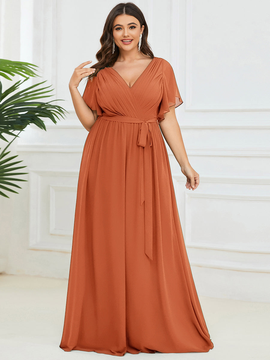 Color=Brandied Melon | Volume Discounts Short Sleeve Ruffle Deep V-Neck A-Line Floor Length Evening Dresses-Brandied Melon 6