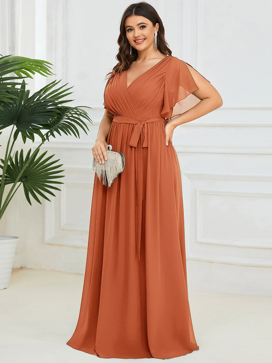 Color=Brandied Melon | Volume Discounts Short Sleeve Ruffle Deep V-Neck A-Line Floor Length Evening Dresses-Brandied Melon 9